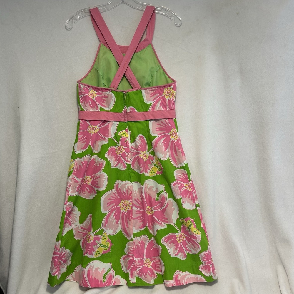 Lilly Pulitzer Sz. 8 Green Pink White Floral Round Neck Halter Back Strap Dress - Picture 3 of 9